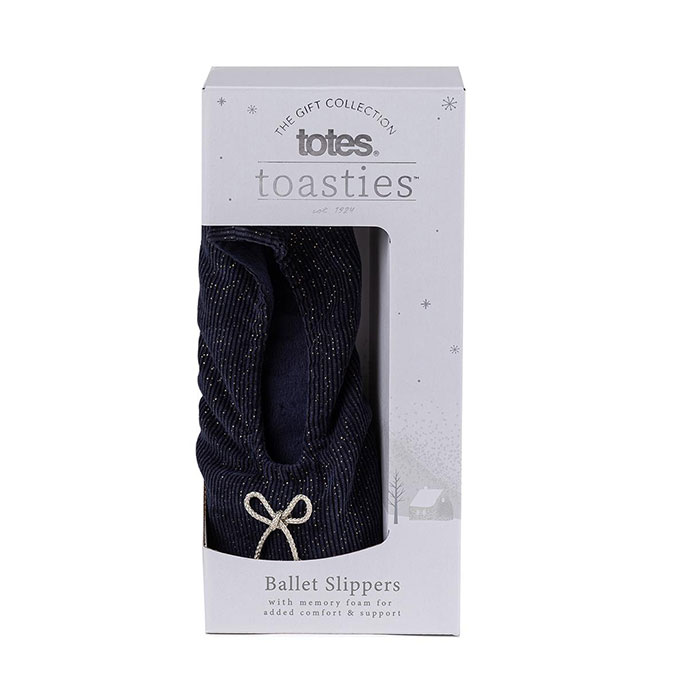 totes Ladies Stretch Velour Ballet Slipper with Bow Navy Extra Image 1